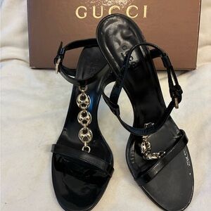 Gucci Black High Heel Sandals with Gold Chain Detail and Ankle Strap. EUC. 7.5